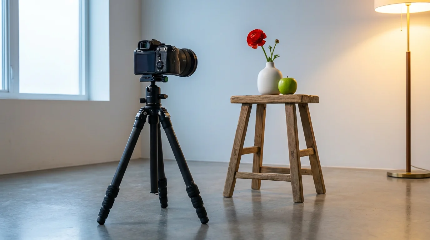 A camera on a tripod in a studio with mixed lighting prepares to photograph a still life.