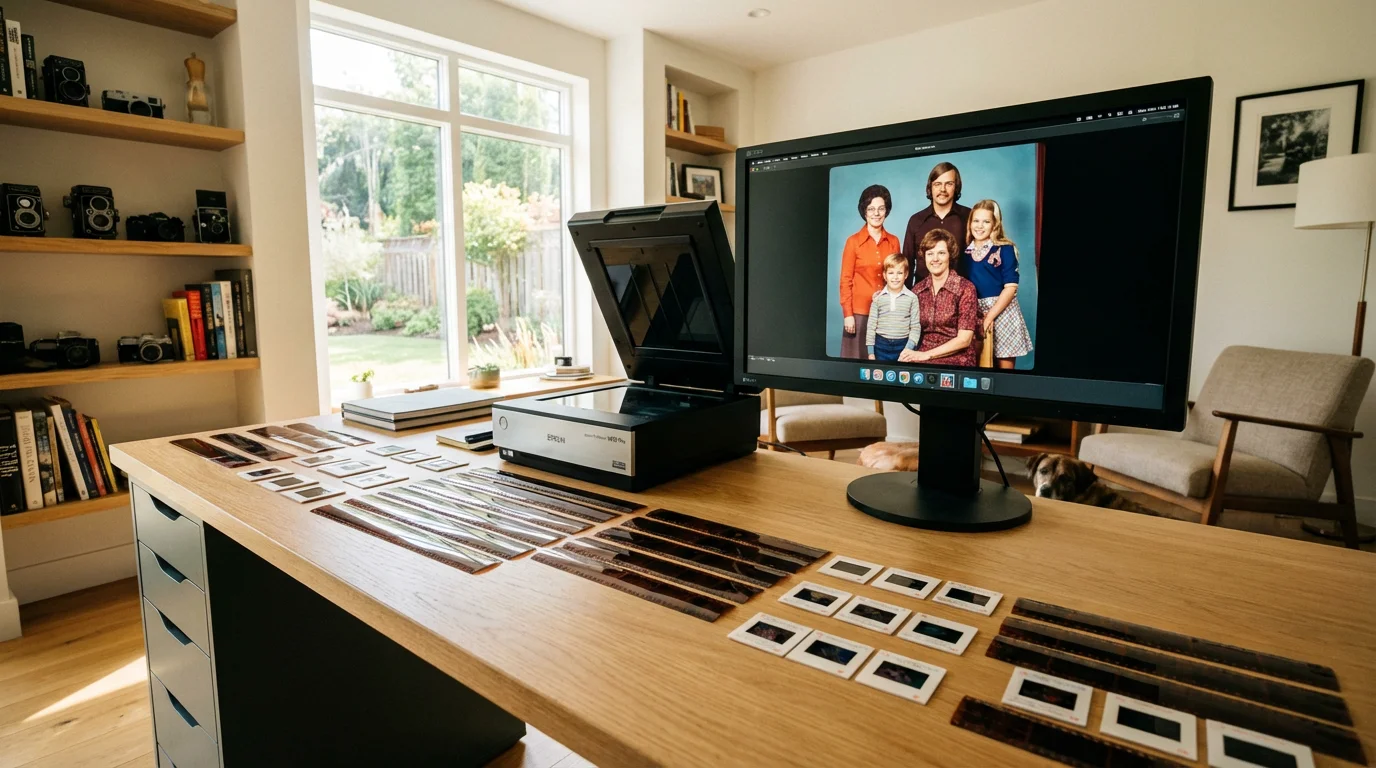A clean desk with film negatives and a monitor showing a restored vintage photo.