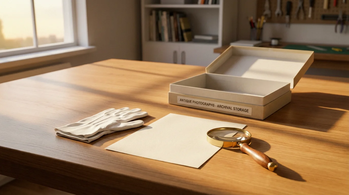 A clean wooden table with white cotton gloves and archival tools for handling photographs.