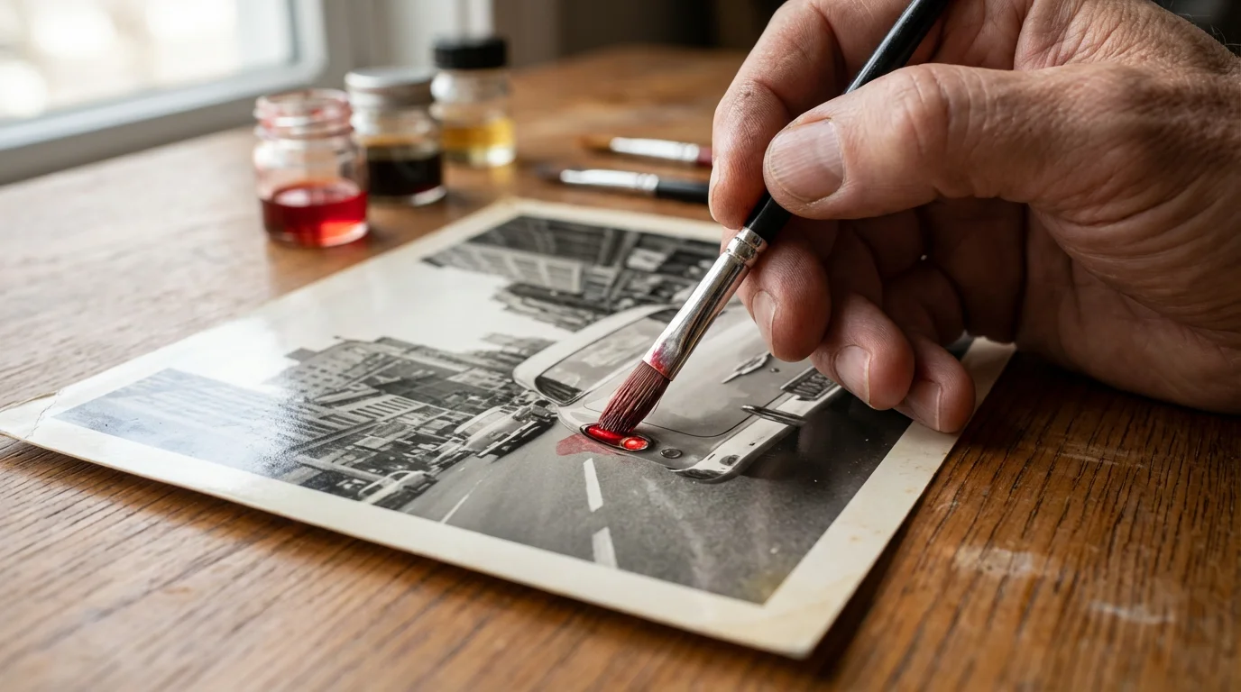 A close-up macro photo of a hand meticulously coloring a vintage black and white photograph.