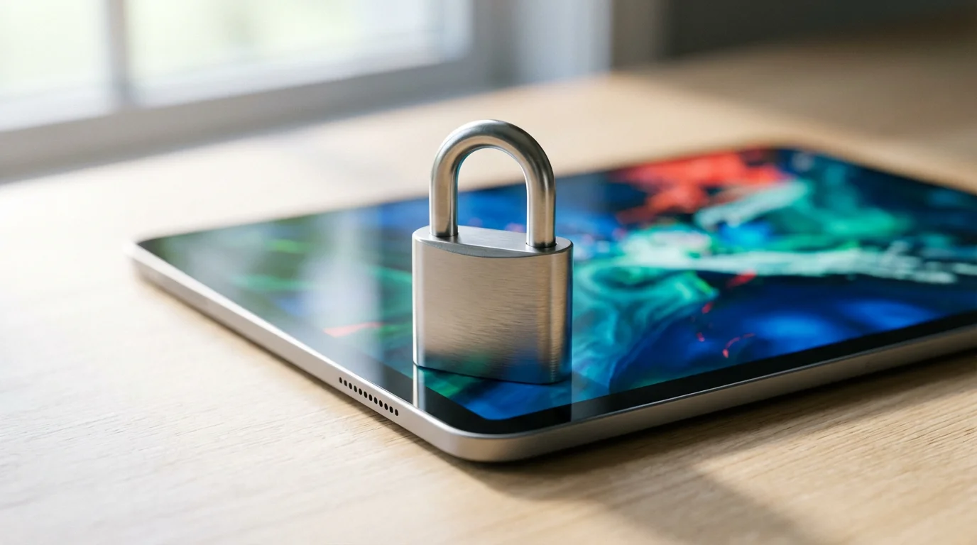 A close-up macro photo of a modern padlock resting on a tablet computer screen.