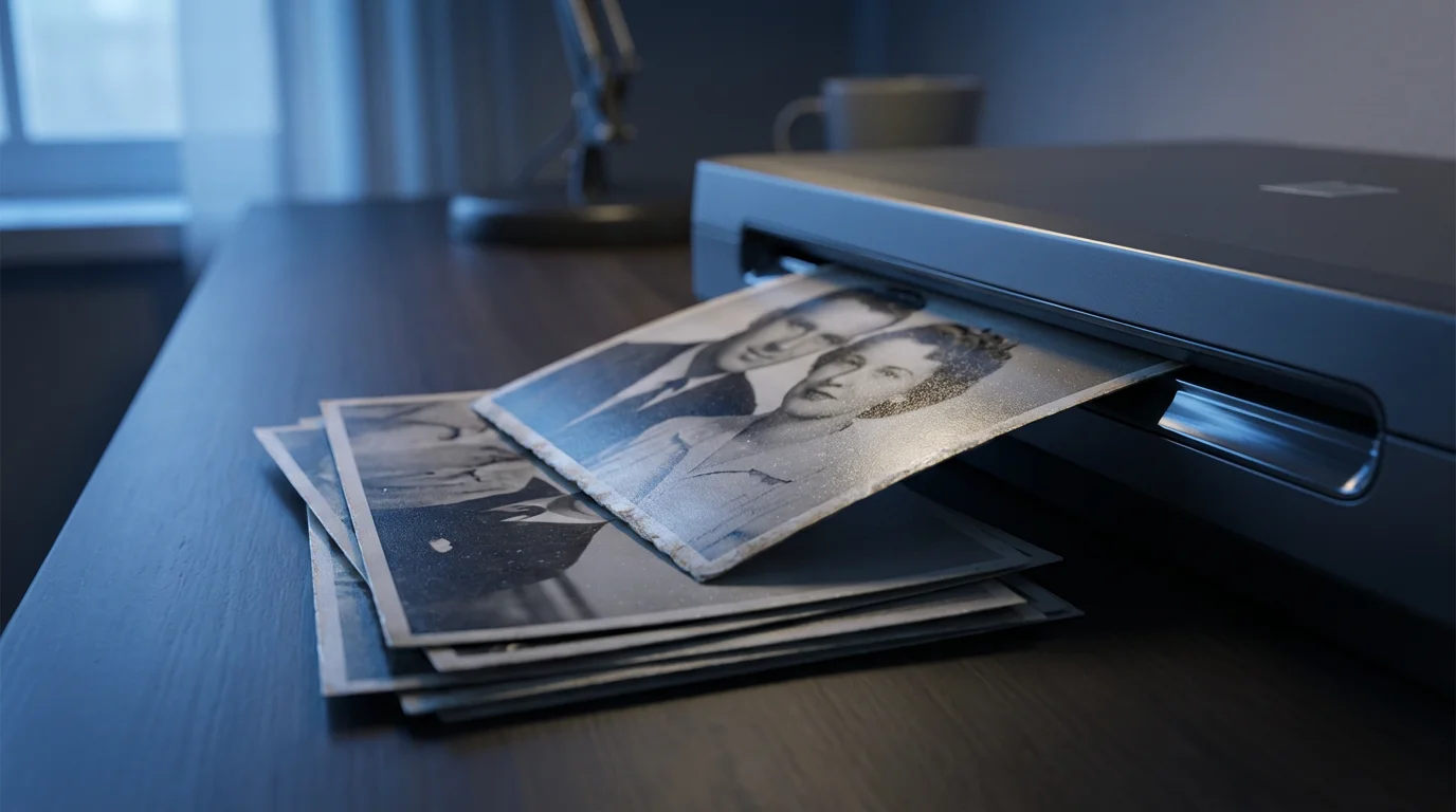 A close-up macro photo of a newly scanned picture landing on a neat pile.