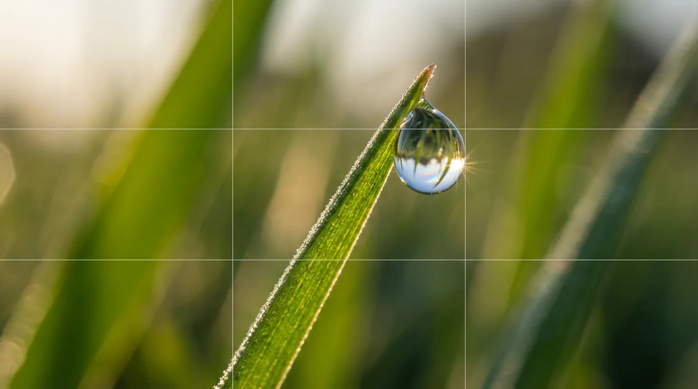 A close-up macro photo of a single dewdrop on a blade of grass during golden hour.