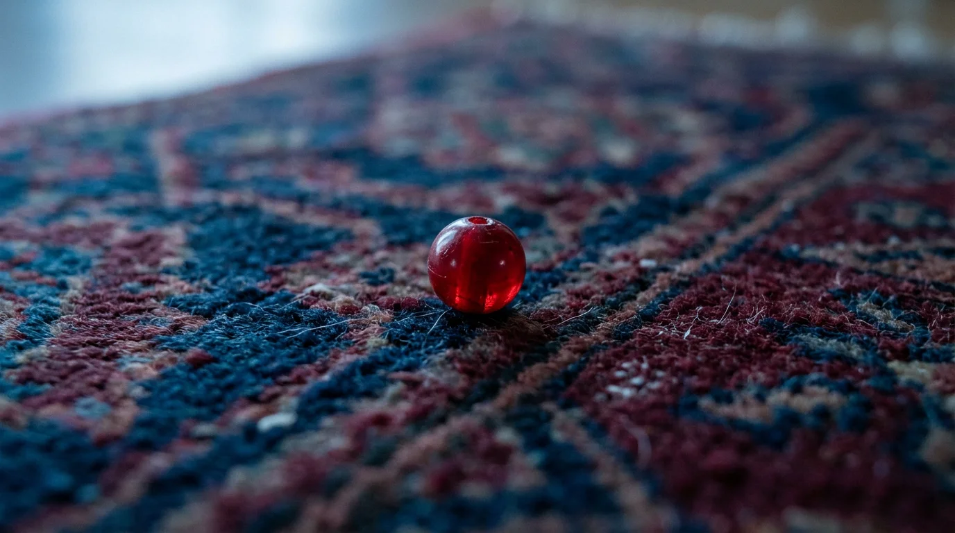 A close-up macro photo of a single tiny red bead on a complex patterned rug.