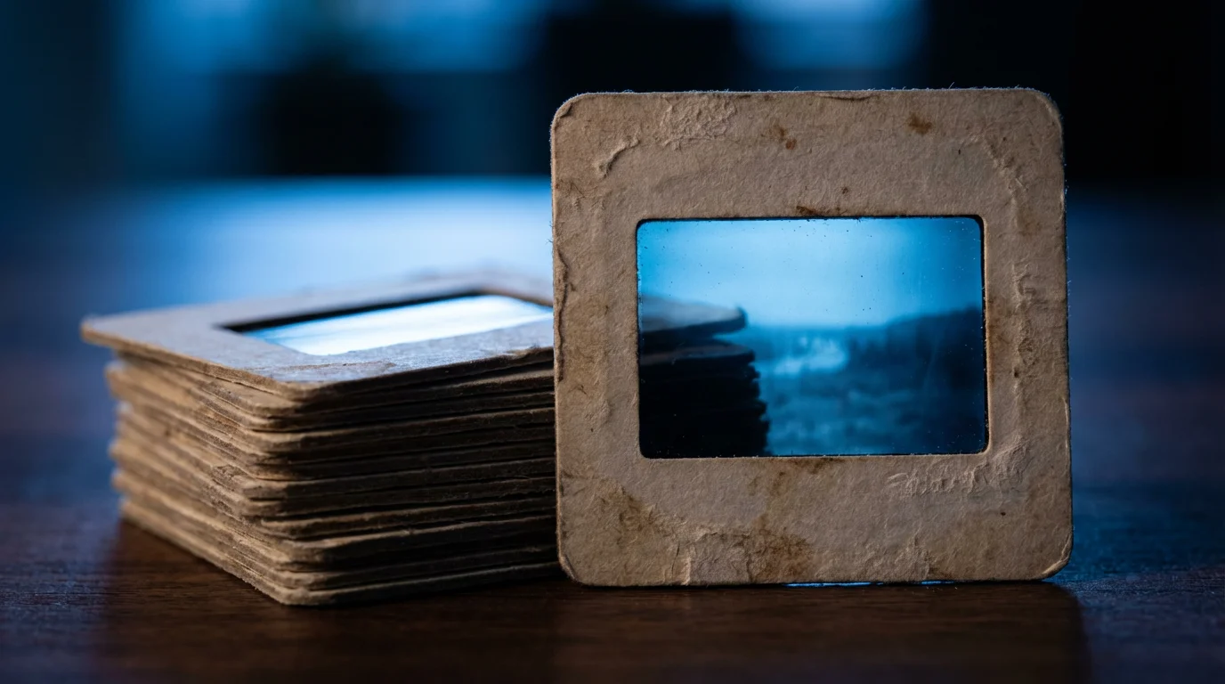 A close-up macro photo of a stack of vintage photographic slides during blue hour.