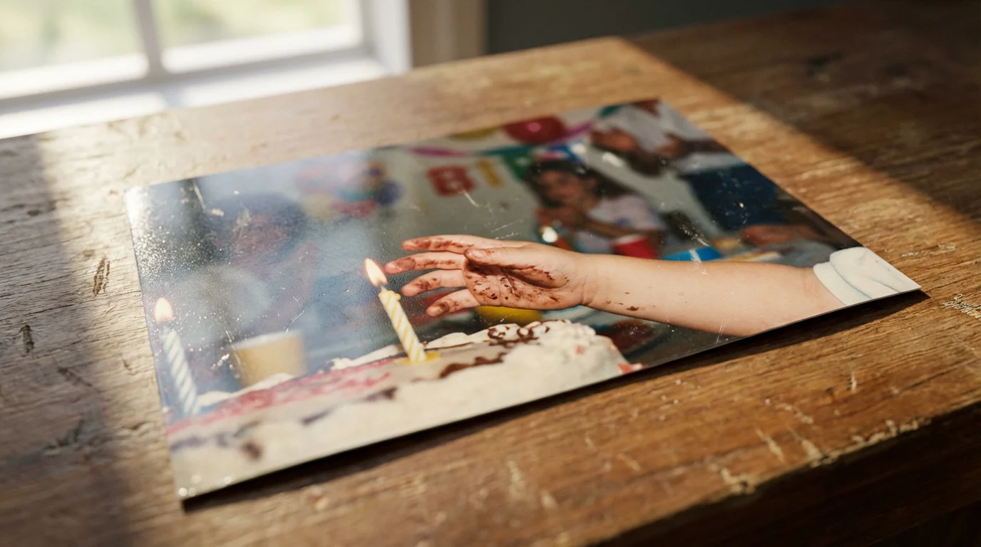 A close-up macro photo of a vintage picture showing a child's hand and cake.