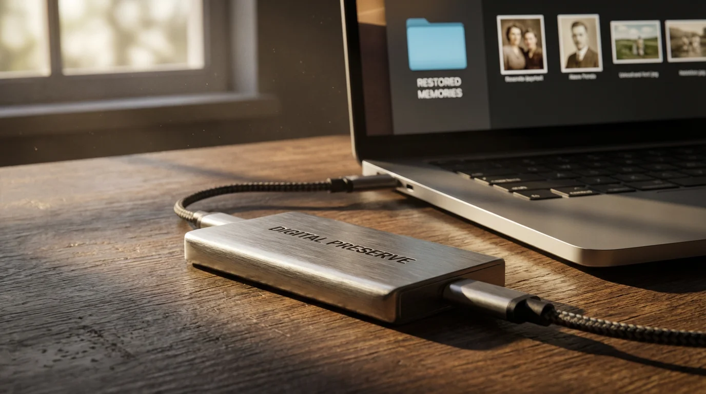 A close-up macro photo of an external SSD drive connected to a laptop for backup.