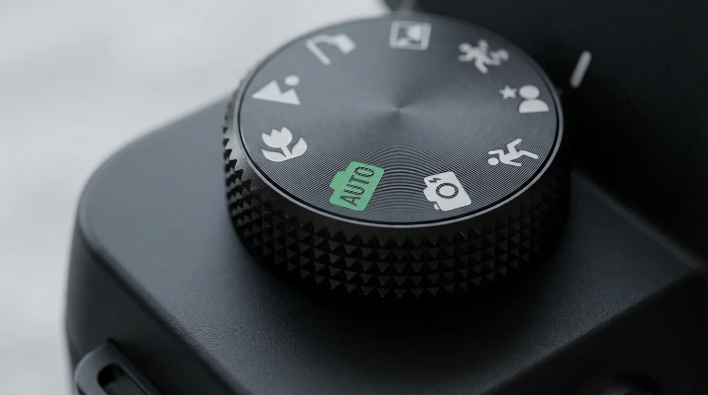 A close-up macro photo of the mode dial on a modern beginner's camera.
