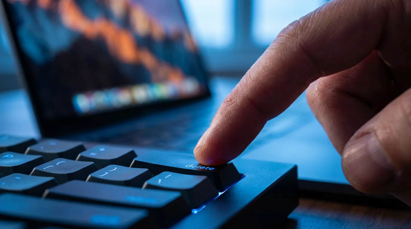 A close-up macro photograph of a finger poised over the delete key on a keyboard.