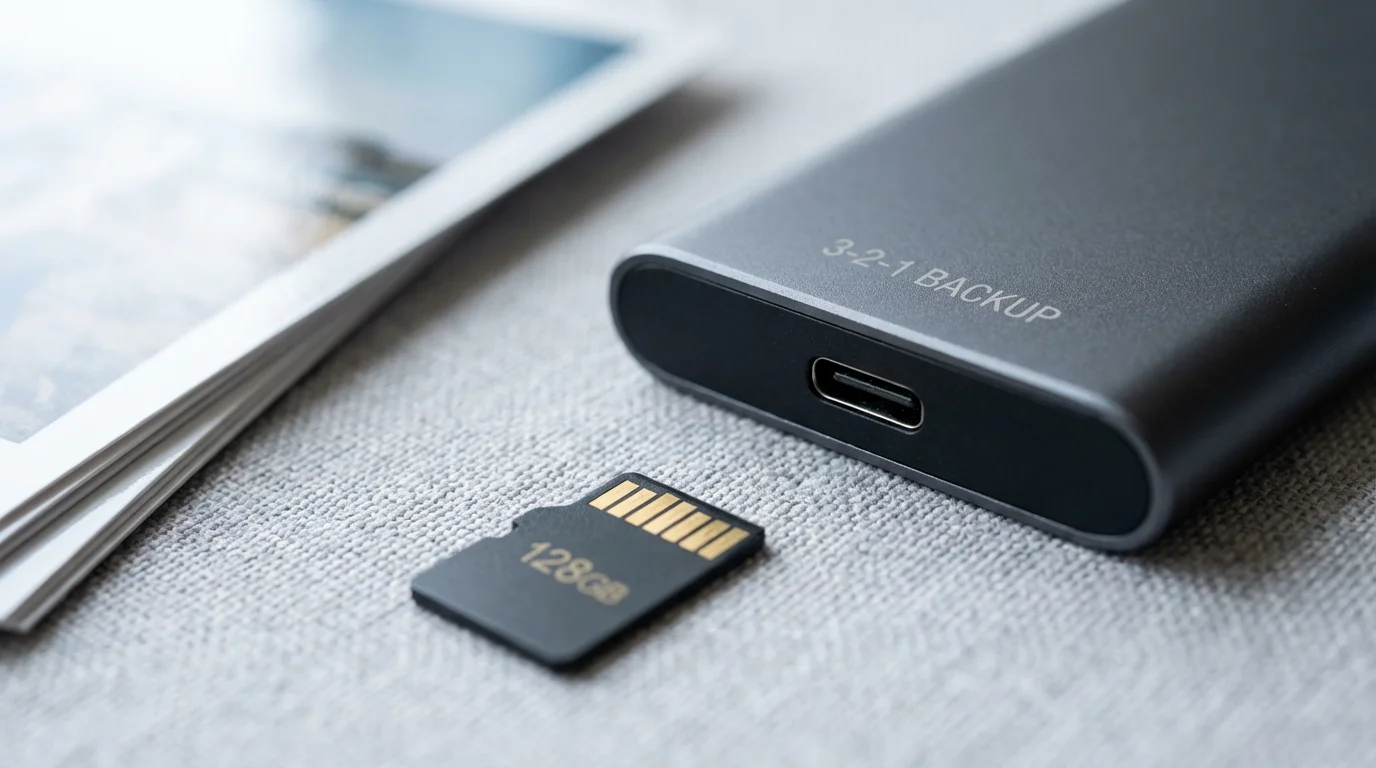 A close-up macro photograph of a portable SSD, a micro SD card, and photographs.