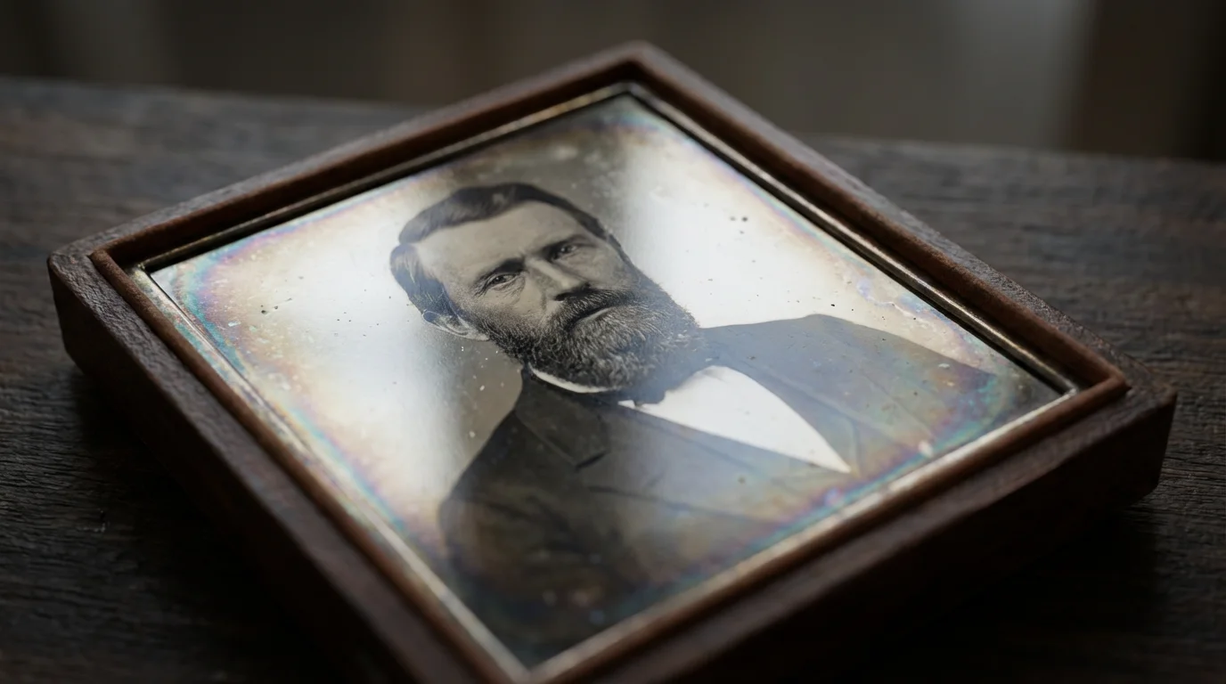 A close-up macro photograph of a reflective antique daguerreotype portrait on a wood table.