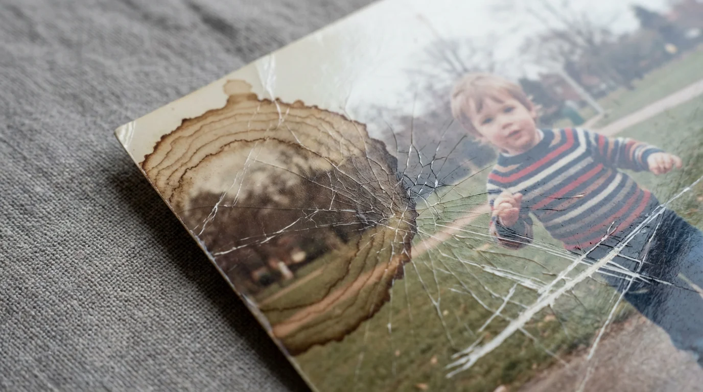 A close-up macro photograph of a vintage picture with water stains, cracks, and scratches.