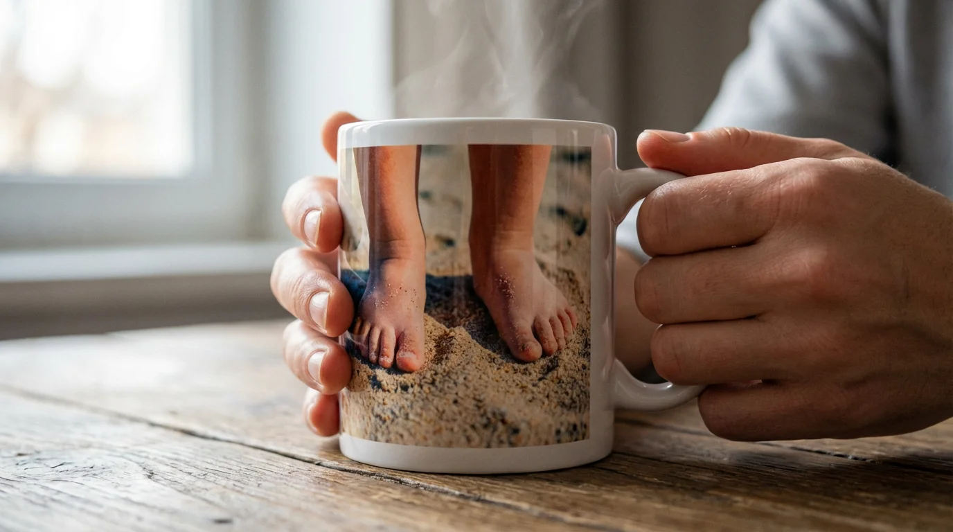 A close-up macro shot of a custom photo mug showing a child's feet.