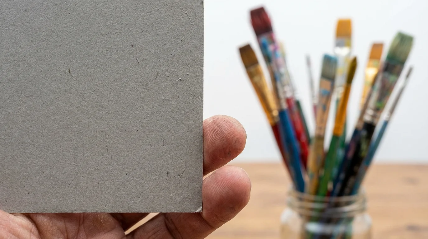 A close-up macro shot of a hand holding an 18% grey card.