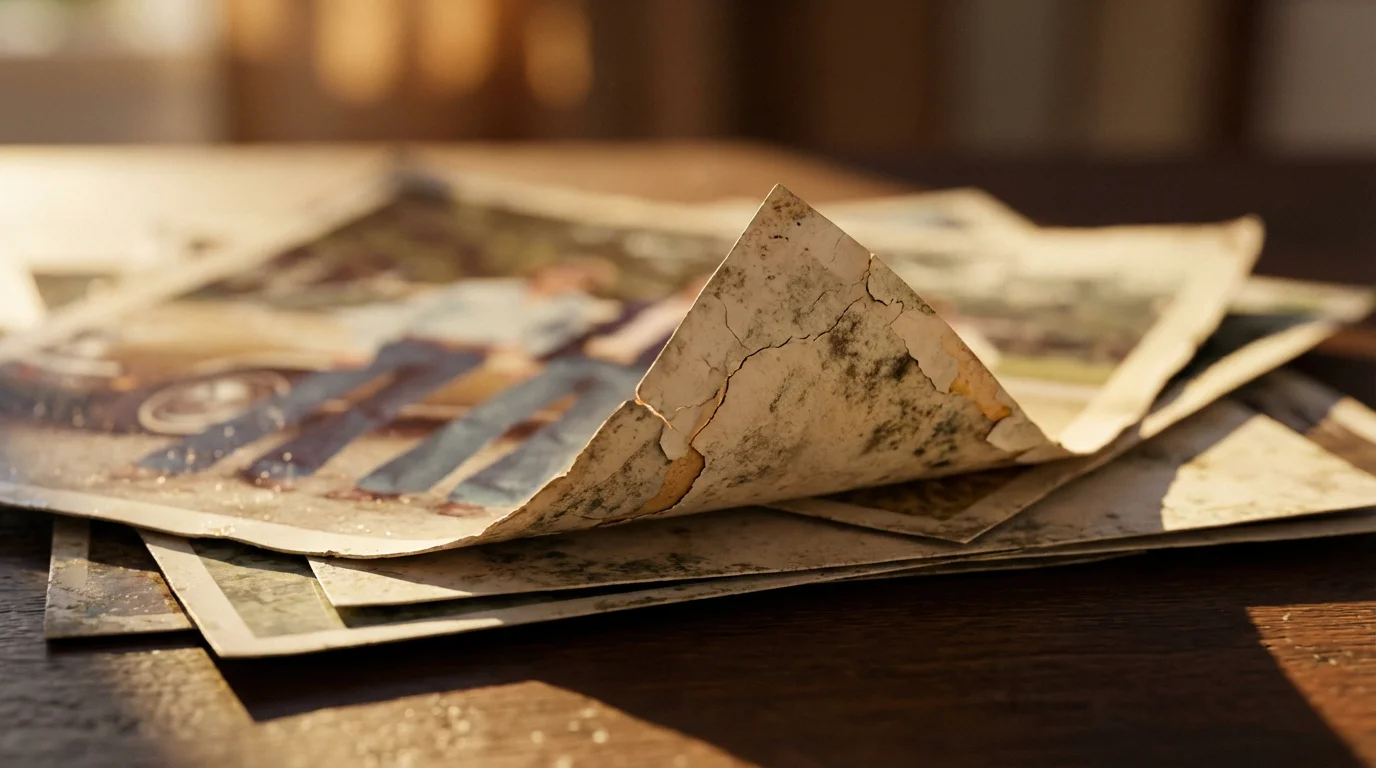 A close-up macro shot of a vintage photograph's corner, glowing in warm golden hour light.