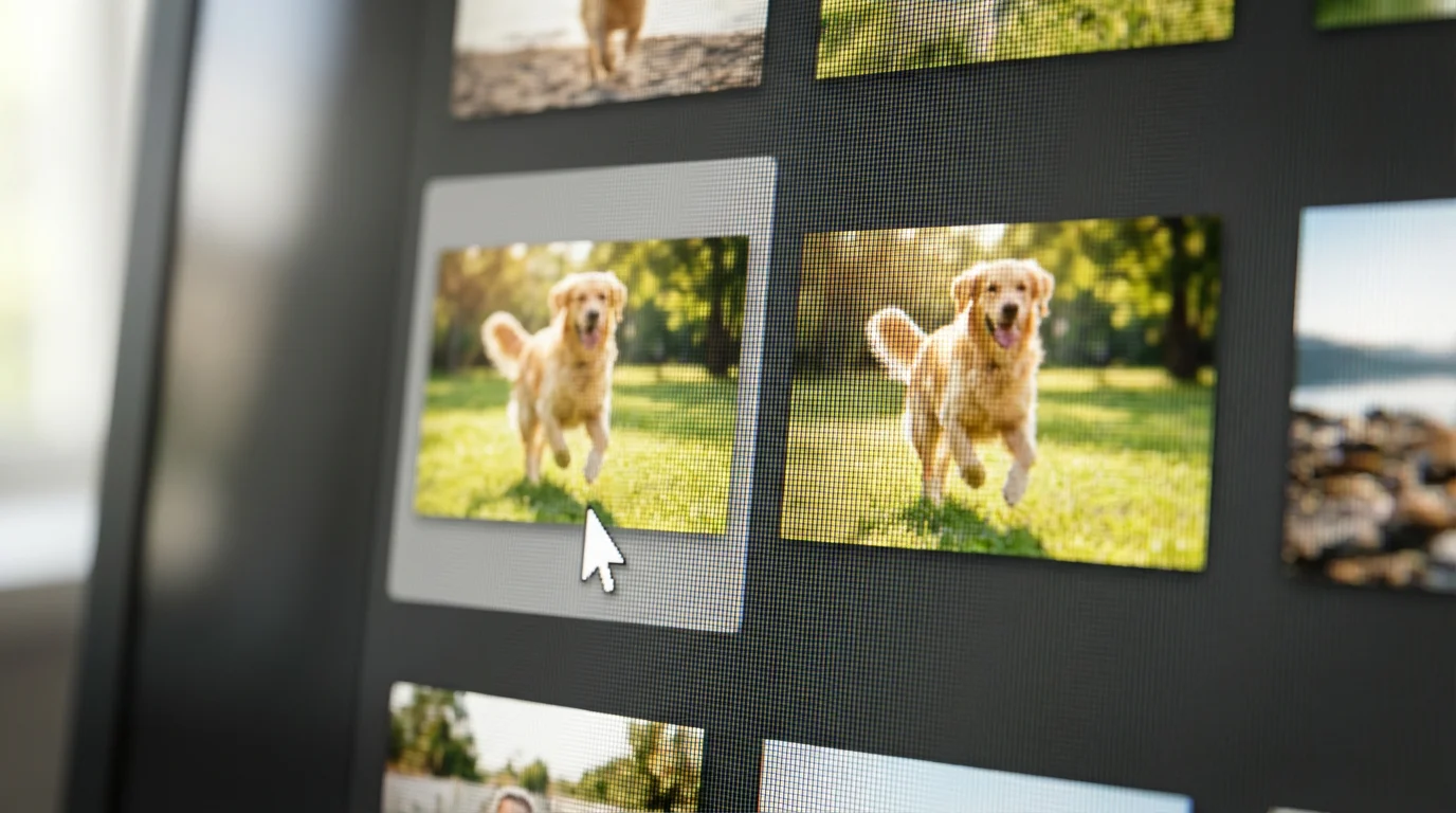 A close-up of a computer screen showing a cursor selecting a duplicate photo thumbnail.