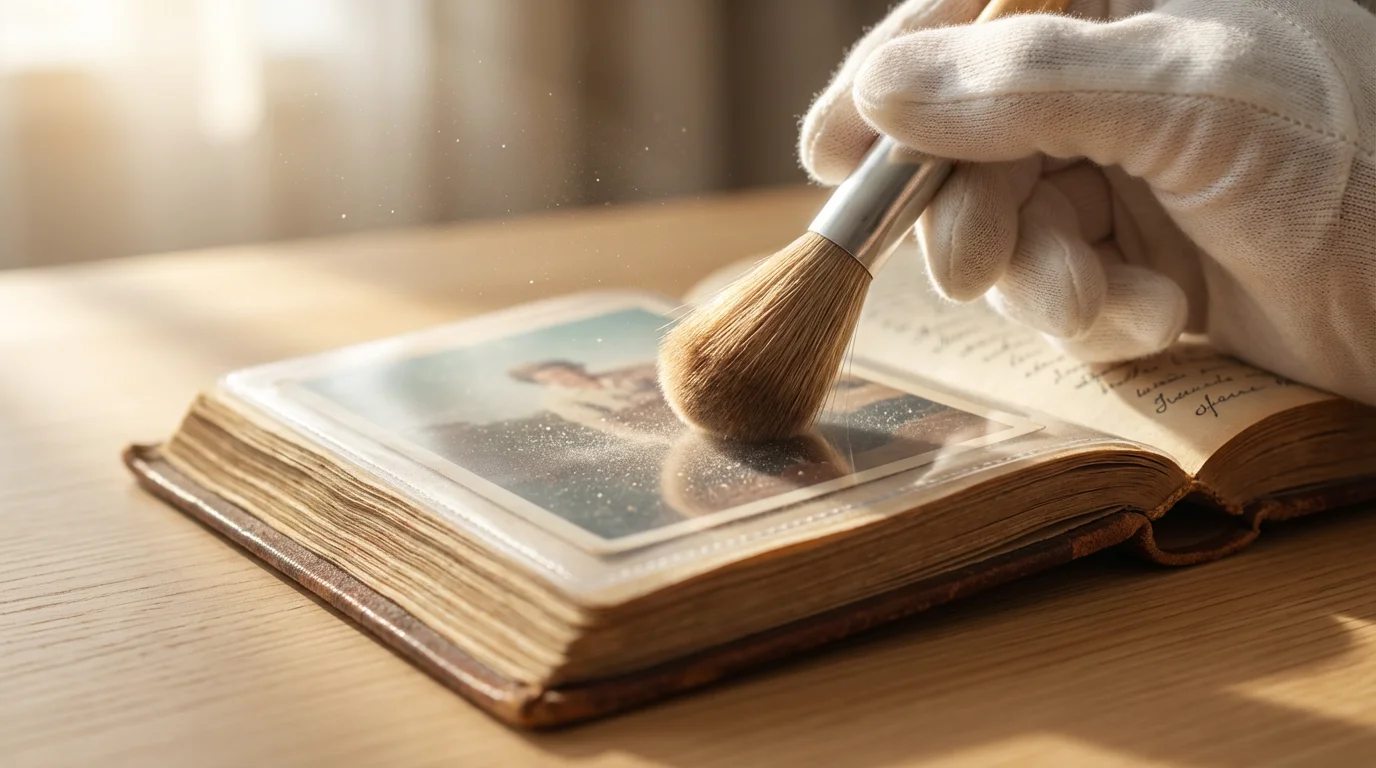 A close-up of a gloved hand carefully brushing dust from a vintage photo album.