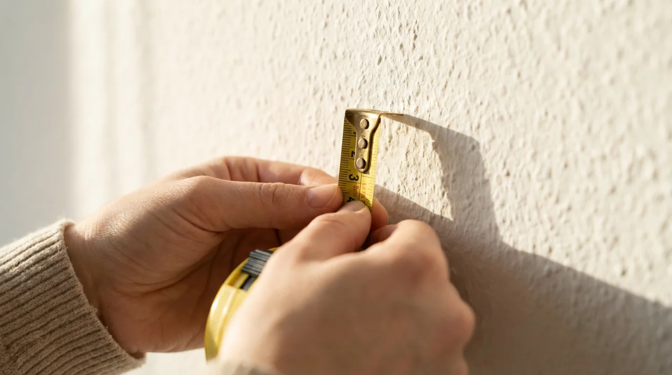 A close-up of a hand holding a tape measure against a blank wall.