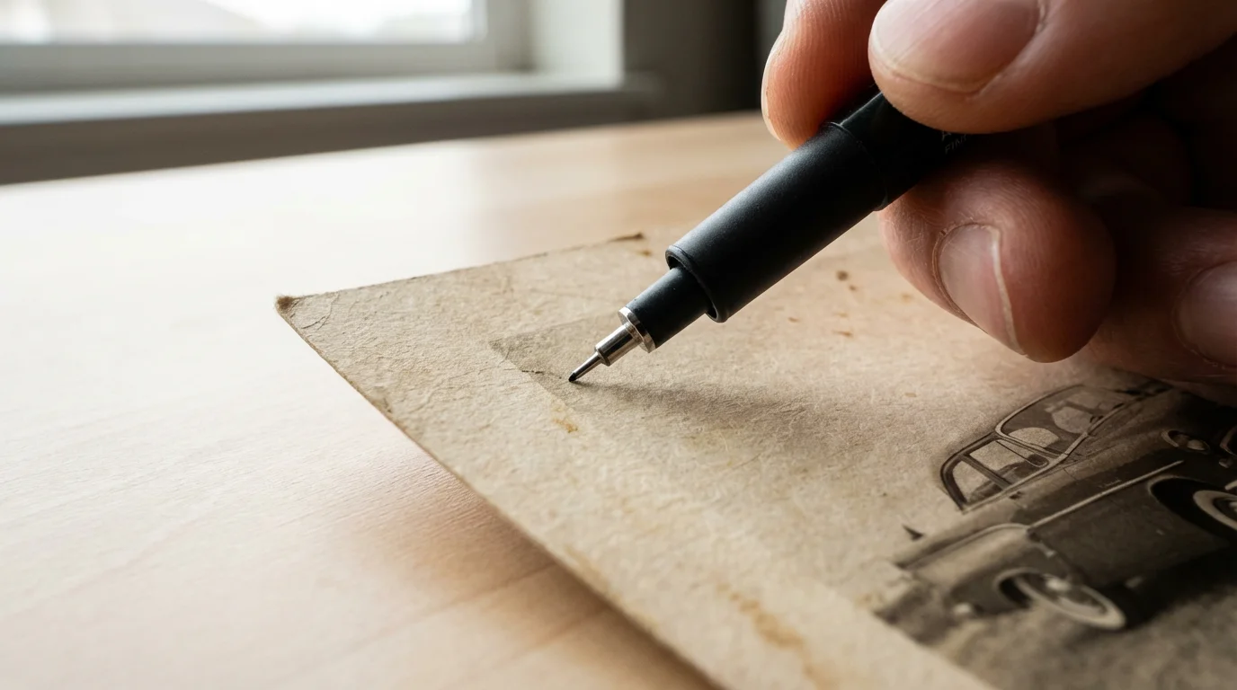 A close-up of a hand with an archival pen poised over a vintage photograph.