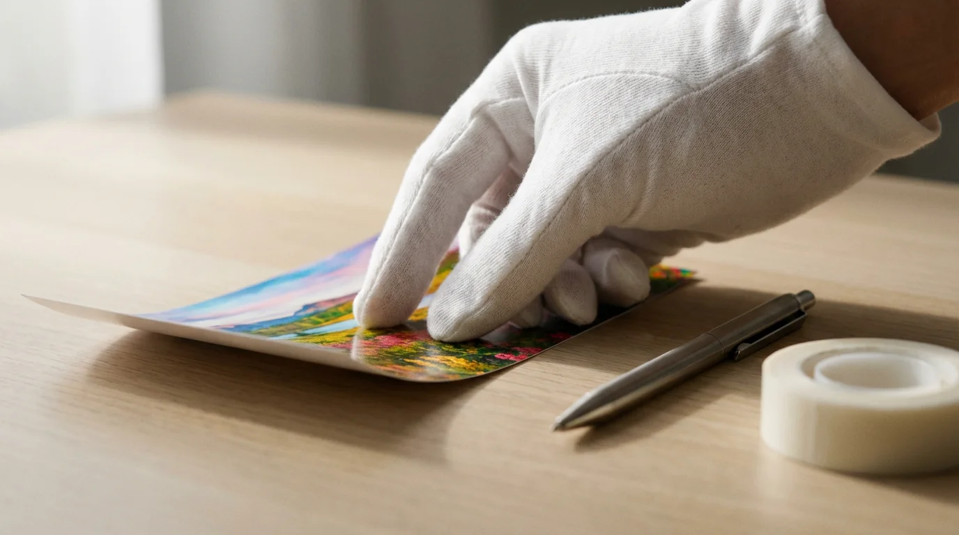 A close-up of a hand with archival gloves organizing a new photograph and tools.