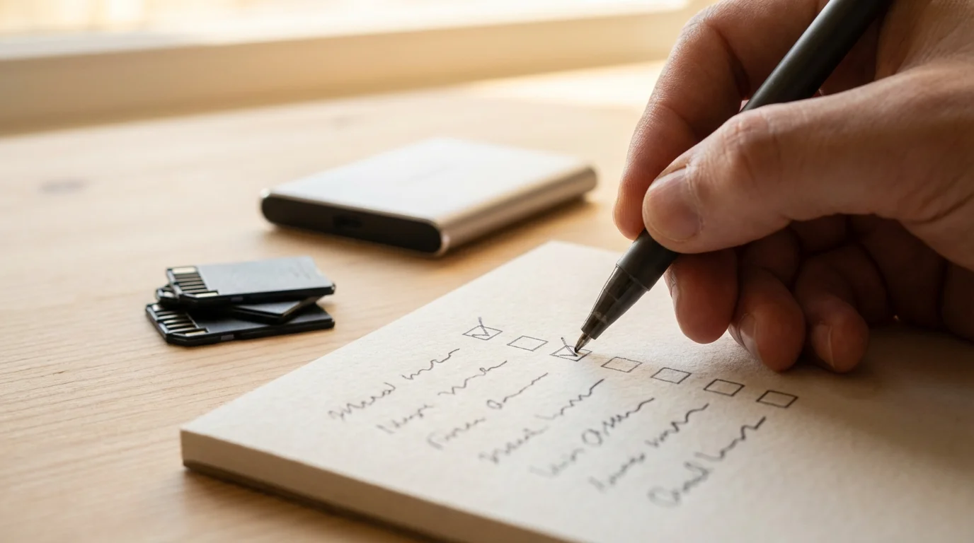 A close-up of a hand writing an inventory list for digital photo storage devices.