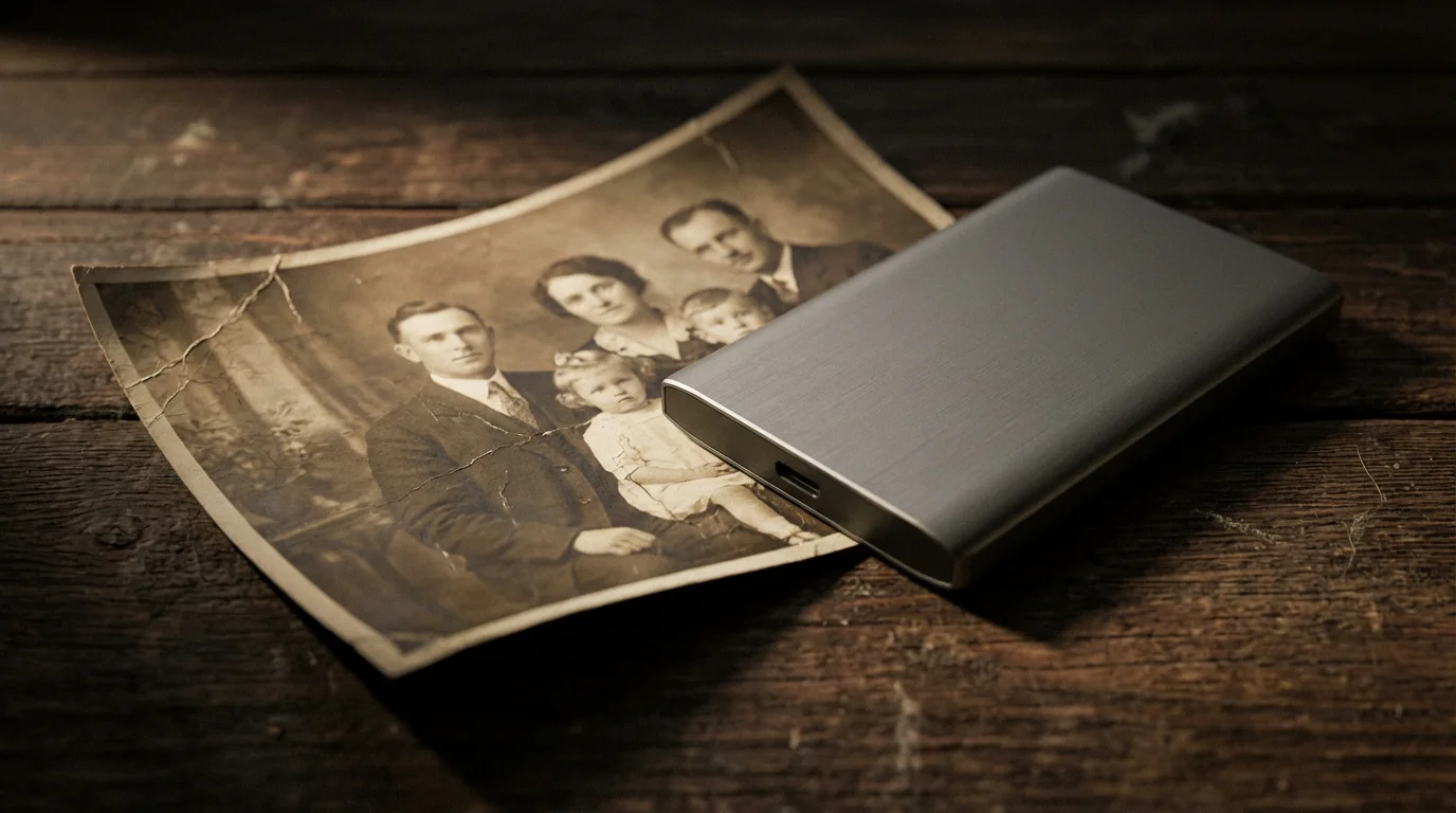 A close-up of a vintage photograph and a modern external hard drive on a desk.