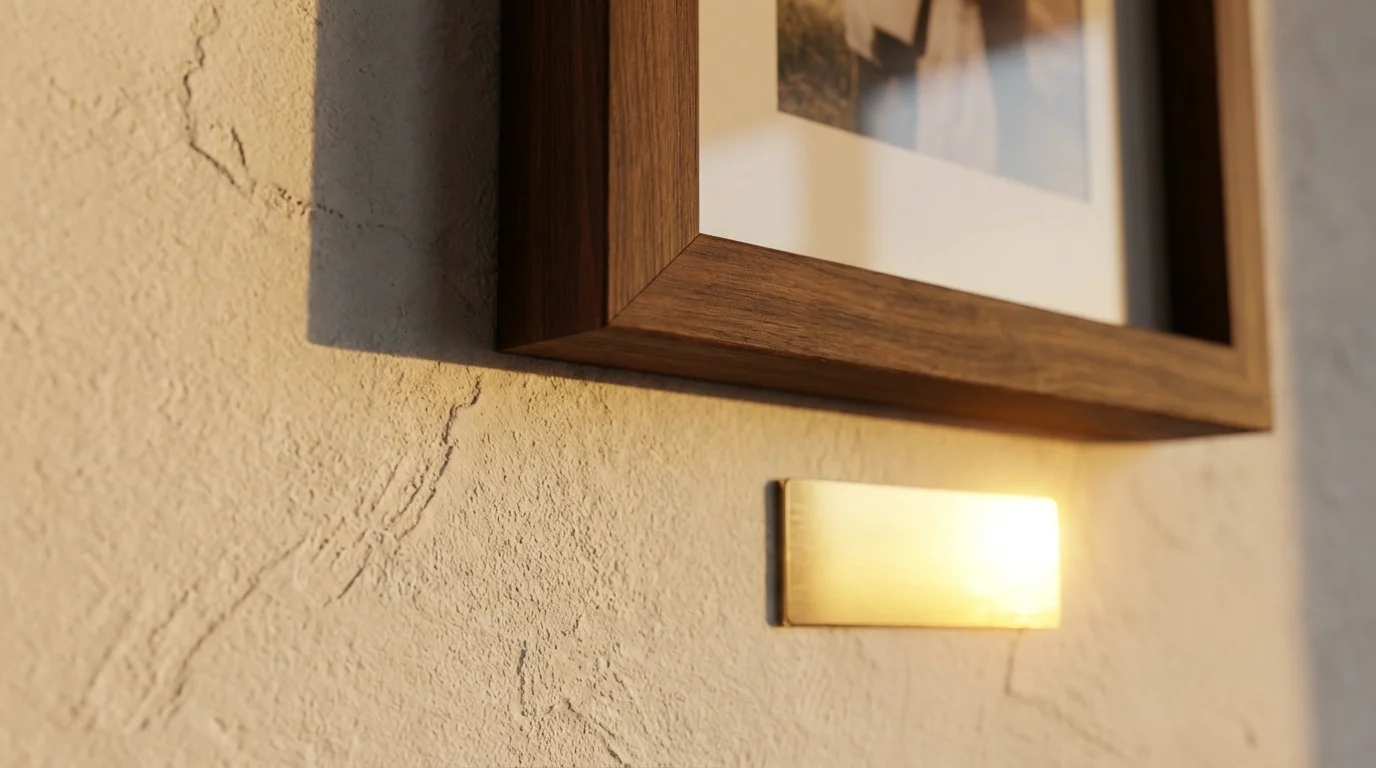 A close-up of a wood-framed picture with a blank, polished brass caption plaque below.