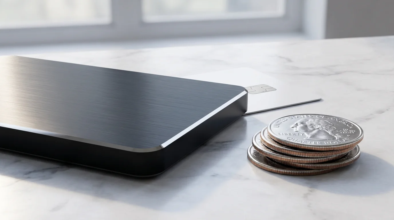 A close-up of an external hard drive, a stack of coins, and a credit card.
