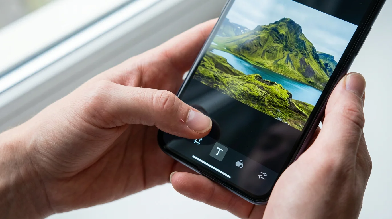 A close-up of hands holding a smartphone, using a photo editing app.