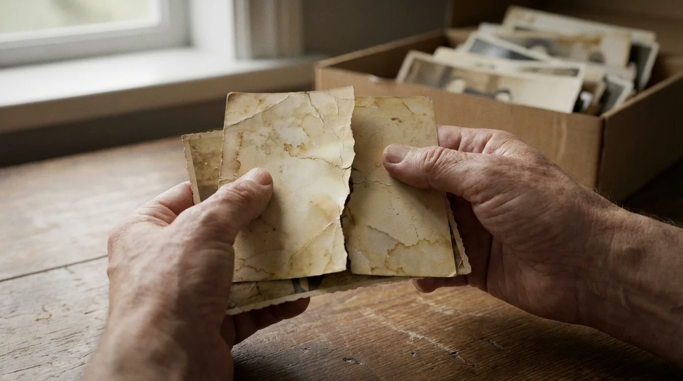 A close-up of hands trying to separate two old, damaged family photos stuck together.