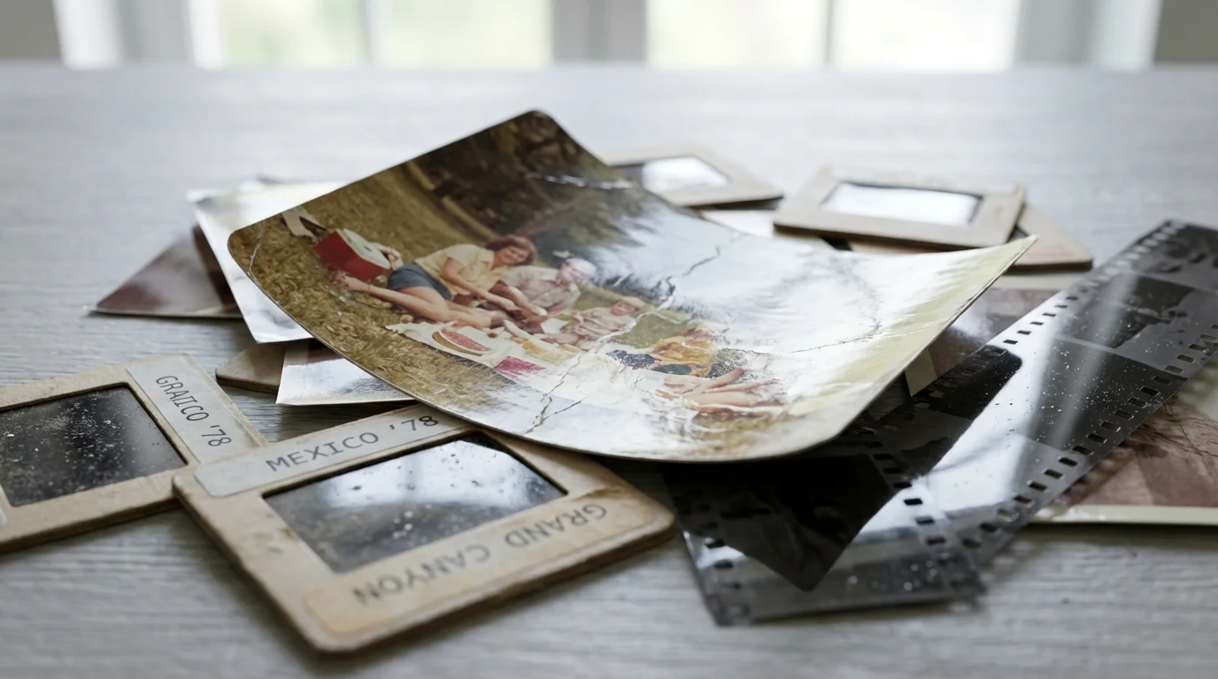 A close-up shot of a mixed pile of old photos, slides, and film negatives.