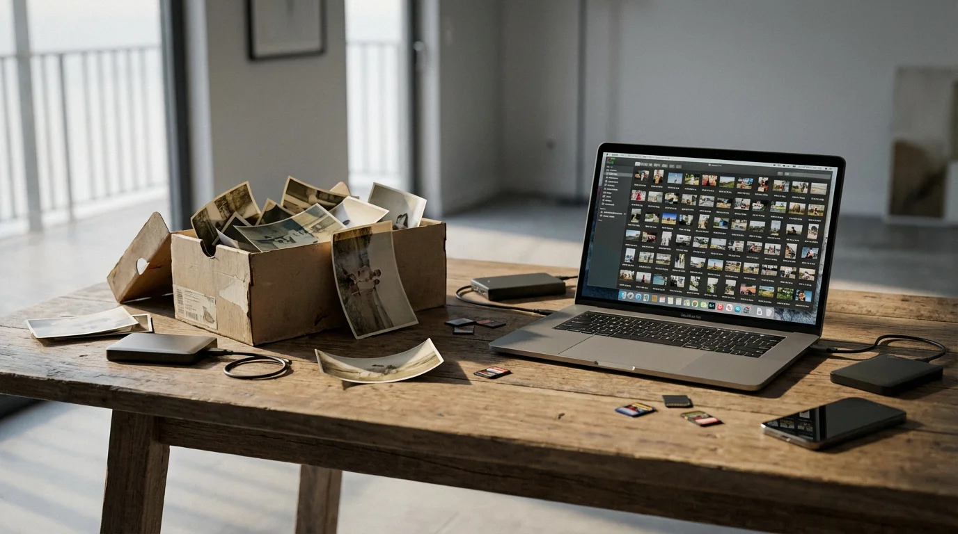 A cluttered desk with a shoebox of old photos, a laptop, and hard drives.
