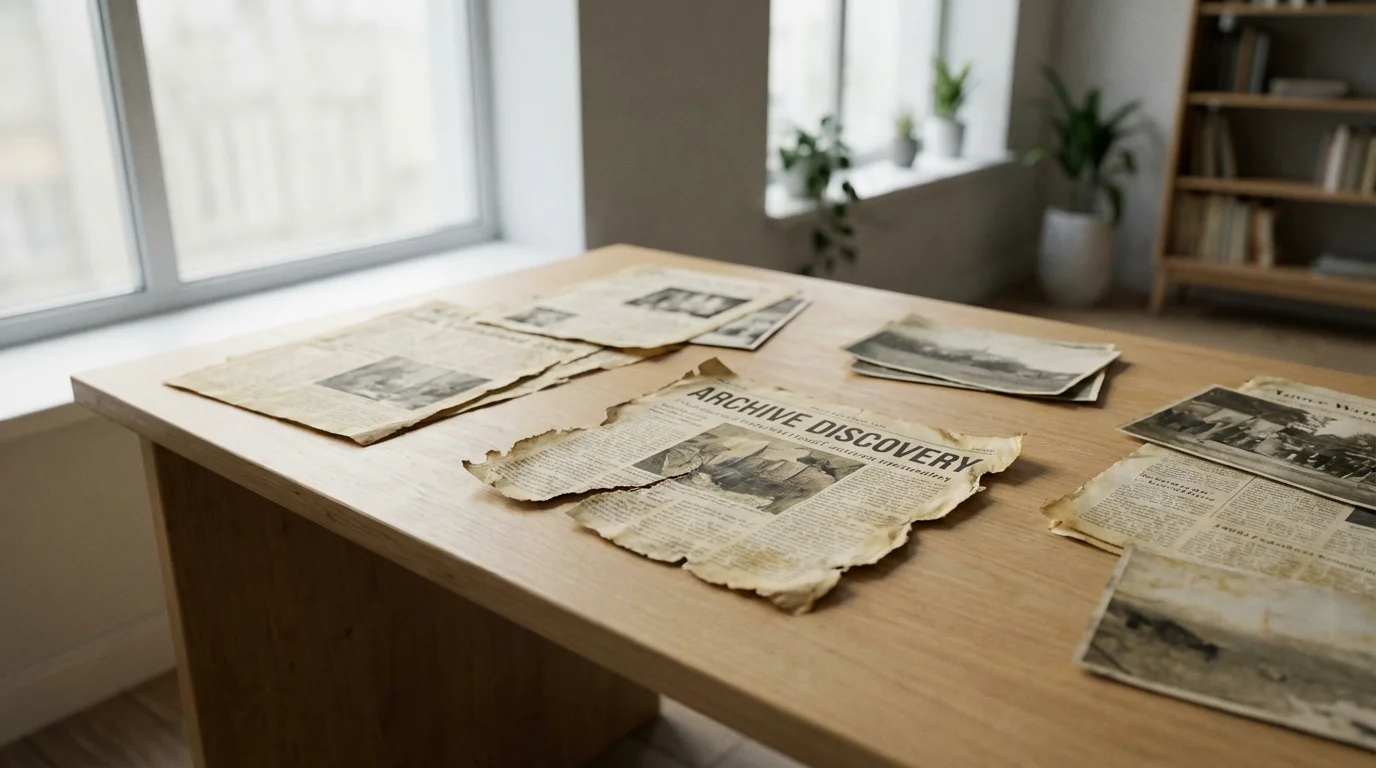 A collection of old, yellowed newspaper clippings and photos on a desk in natural light.
