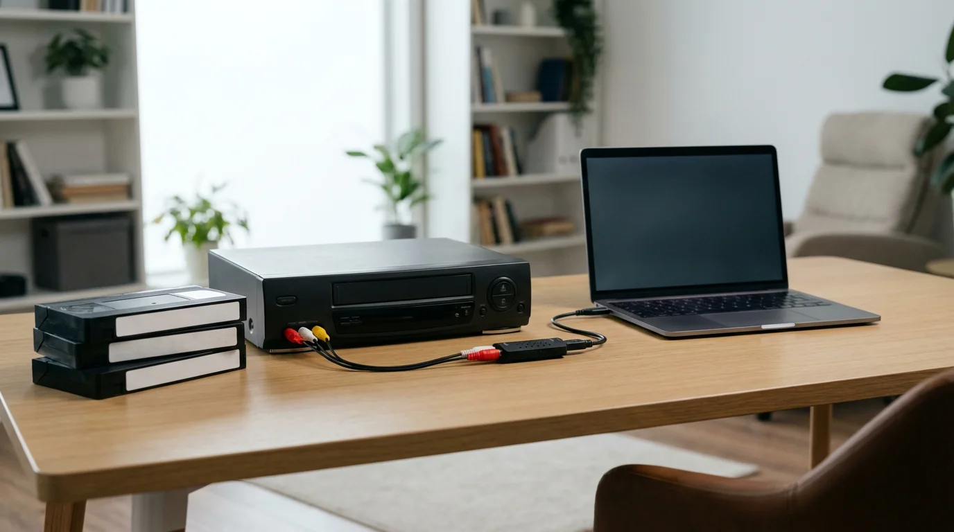A complete VHS to digital conversion setup with a VCR, laptop, and cables.