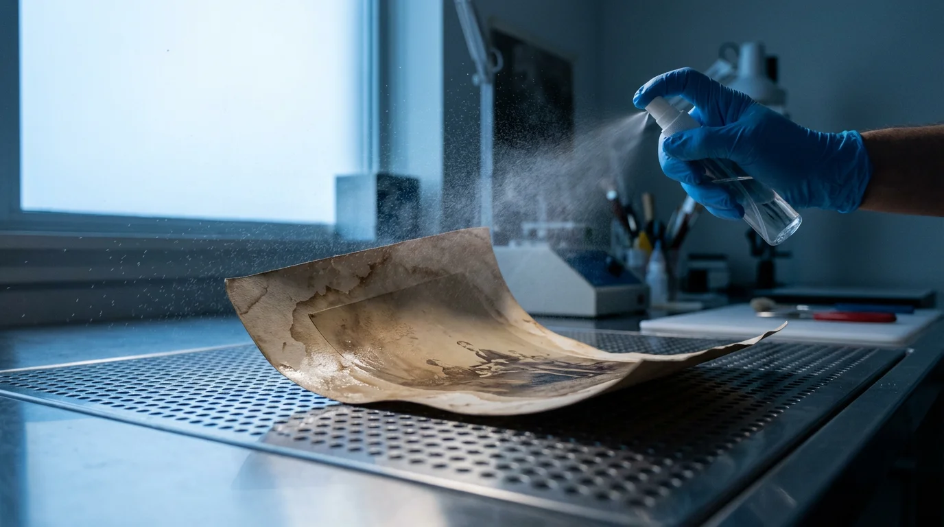 A conservator's gloved hand delicately mists a curled, water-damaged antique photograph in a professional lab.