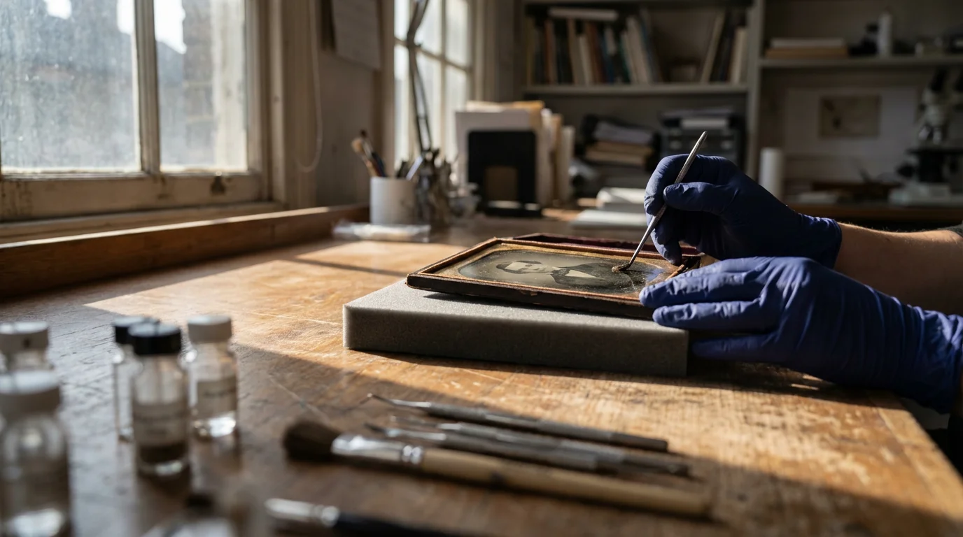 A conservator's gloved hands carefully restoring a damaged antique daguerreotype photo on a workbench.