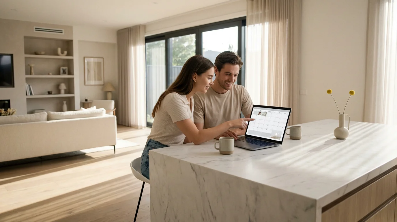 A couple designs a custom family photo calendar on a laptop in a sunlit kitchen.