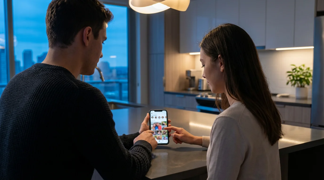 A couple in a modern kitchen at dusk looking at a private photo sharing app.