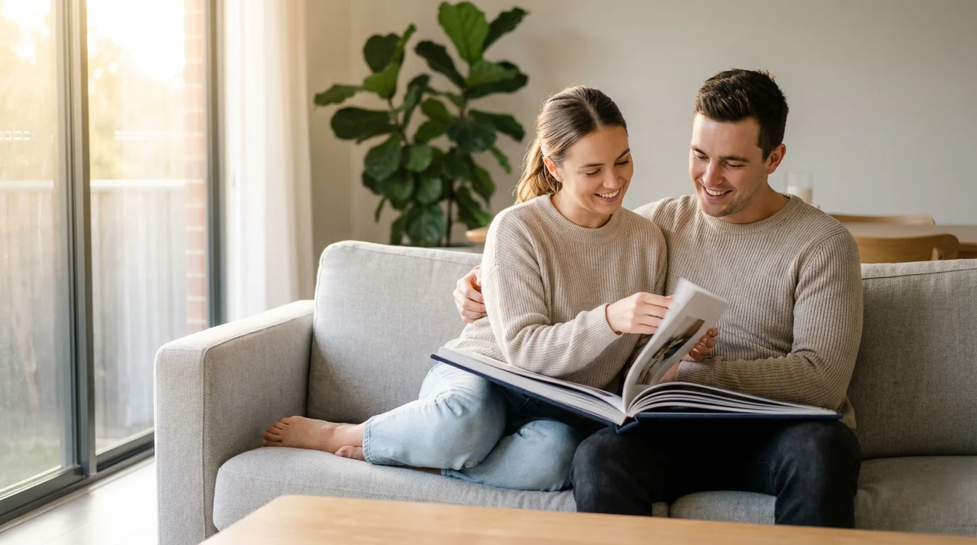 A couple on a sofa happily looking through their wedding photo album together.