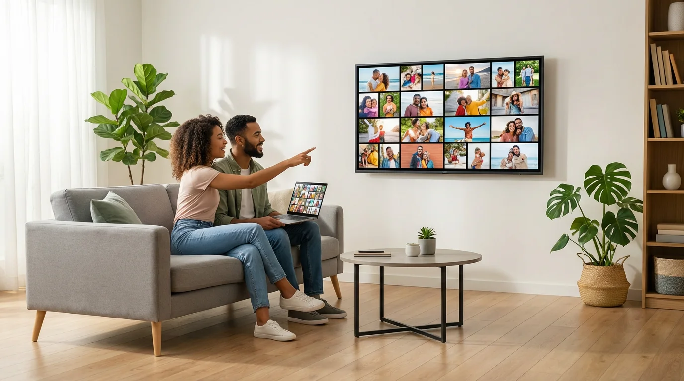A couple sits on a sofa in a sunlit living room viewing personal photos on a TV.