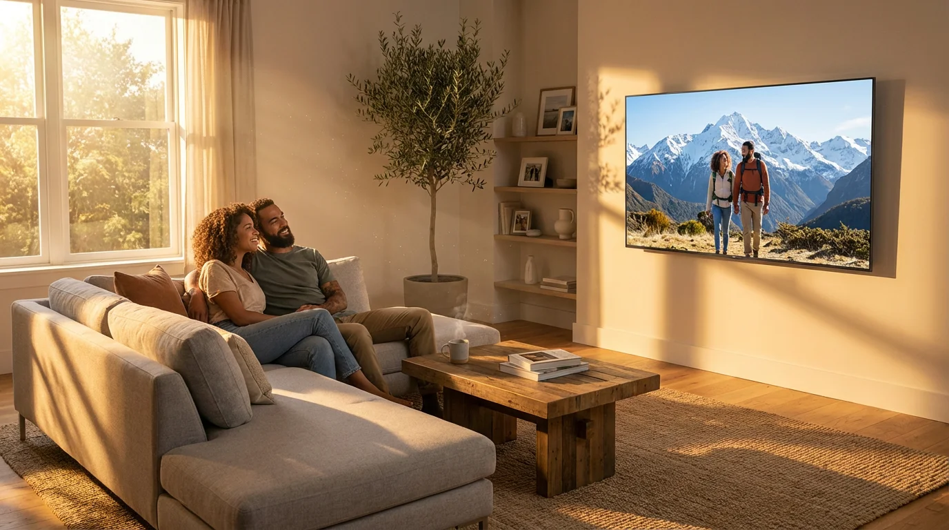 A couple sits on a sofa in a sunlit living room watching their photos on TV.