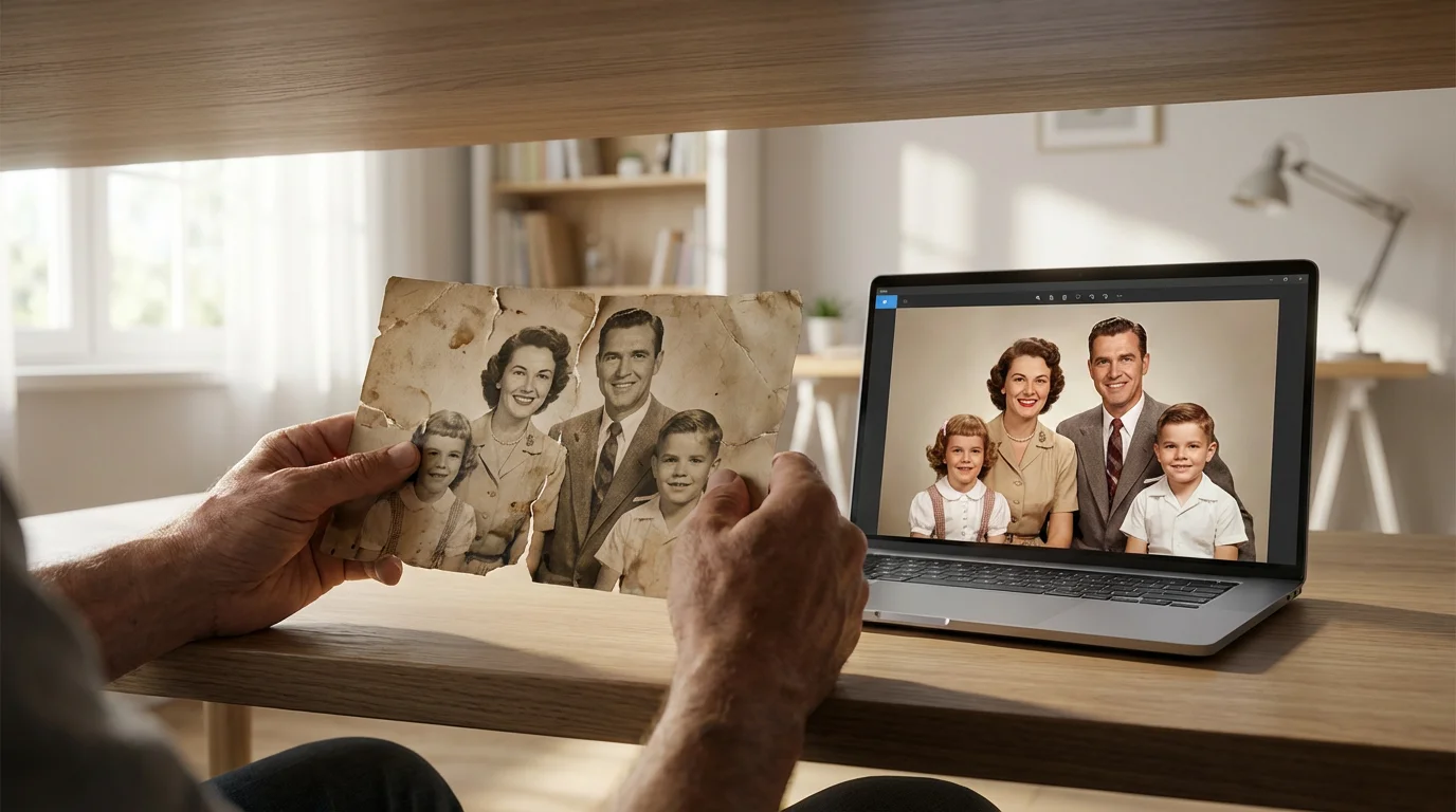A damaged vintage photo held next to a laptop displaying its AI-restored version.
