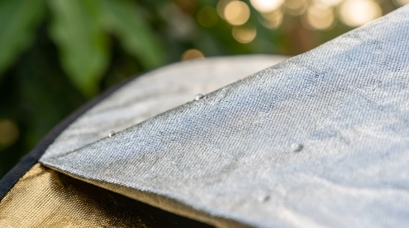 A detailed macro shot of a silver and gold photography reflector catching morning light.