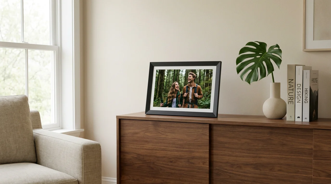 A digital photo frame displaying a travel memory on a console table in a modern home.