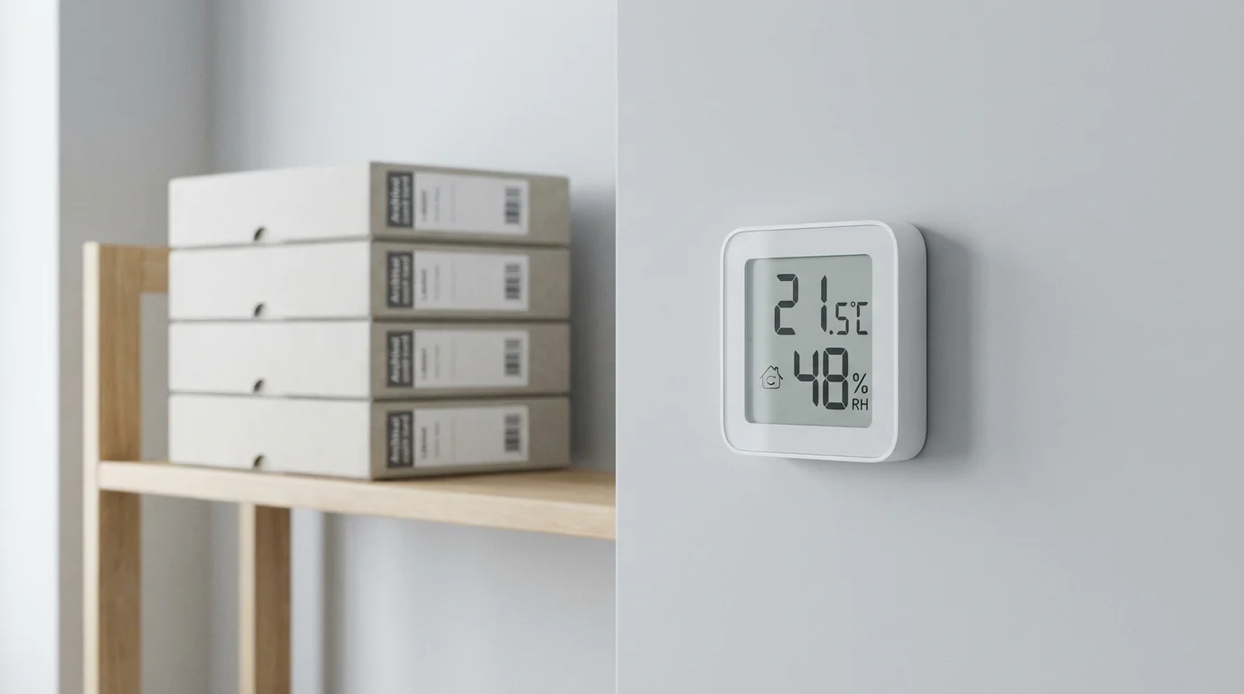 A digital thermometer-hygrometer on a wall, with archival storage boxes on a shelf.