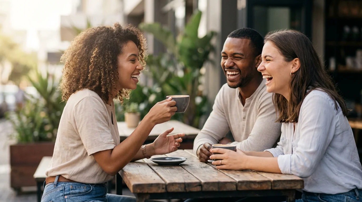 A diverse group of young friends laughing genuinely at an outdoor cafe table.