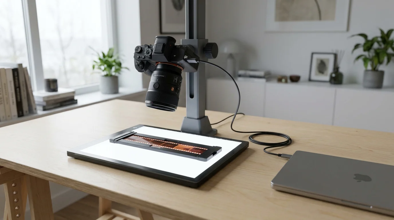 A DSLR camera setup on a copy stand digitizing 35mm film negatives at home.
