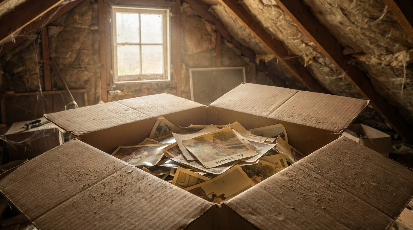 A dusty cardboard box of old, heat-damaged photographs sitting in an attic corner.