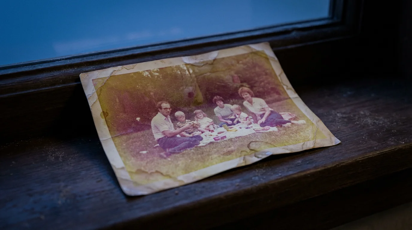 A faded vintage color photograph on a wooden windowsill during blue hour, showing light damage.