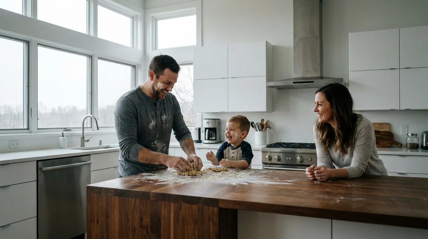 A family laughing together while baking cookies in a modern, brightly lit kitchen.